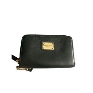 Michael Kors Black Saffiano Leather Zip Around Wristlet Wallet Gold Logo Plaque